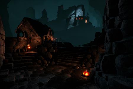 00546-3775693610-Concept art,eerie horror scenes,western magic style,stairs,scenery,ruins,sitting,fire,cave,outdoors,campfire,standing,moon,dark,.png